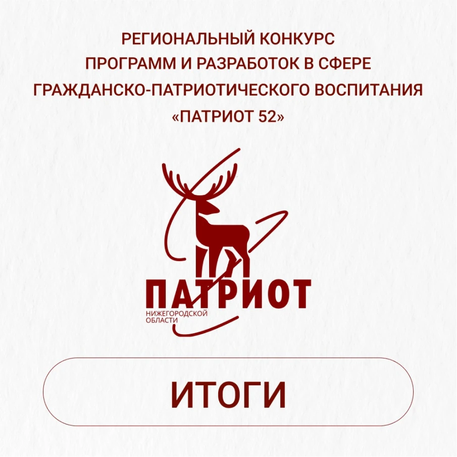 Дорогие педагоги! С радостью сообщаем, что подведены итоги регионального конкурса по выявлению эффективных систем комплексного методического сопровождения деятельности в сфере гражданско-патриотического воспитания «Патриот 52». 